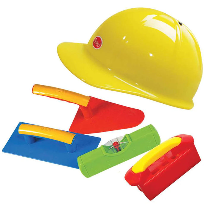 Colorful plastic toy construction set with yellow helmet, red trowel, blue float, green level, and red brick mold.