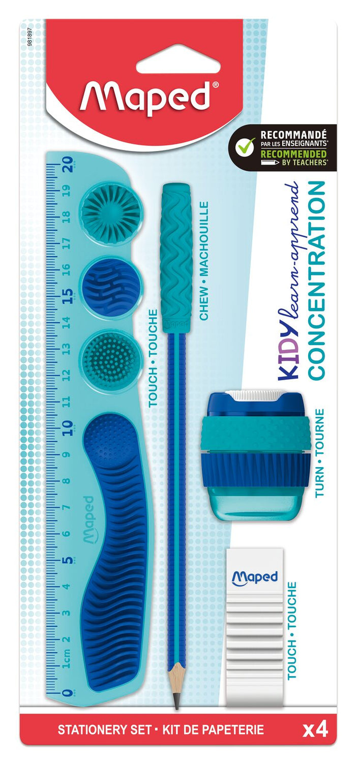 Blue and turquoise Maped stationery set with a textured ruler, pencil with topper, sharpener, and eraser in packaging.
