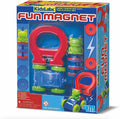 Blue box showing a red horseshoe magnet, blue toy car, green frog figures, and colorful ring magnets.