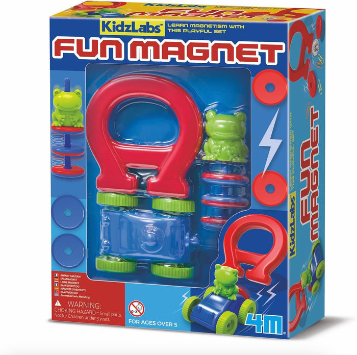Blue box showing a red horseshoe magnet, blue toy car, green frog figures, and colorful ring magnets.
