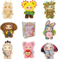 Eight colorful plush dolls with large eyes and themed outfits shown around a KIMMON blind box.