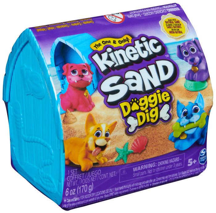 Blue dog house-shaped container with a label featuring colorful cartoon dogs playing on a sandy beach.