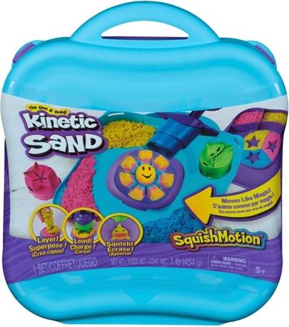 Blue Kinetic Sand SquishMotion carrying case with graphics of colorful sand shapes, molds, and play tools.