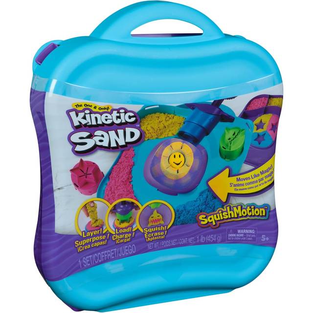 Turquoise and purple case with handle showing colorful kinetic sand and molding tools through a clear window.