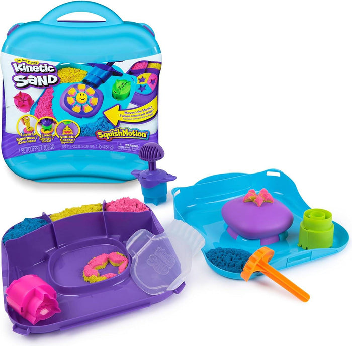 Kinetic Sand SquishMotion playset with blue case, pink, yellow, and blue sand, and colorful squishing tools.