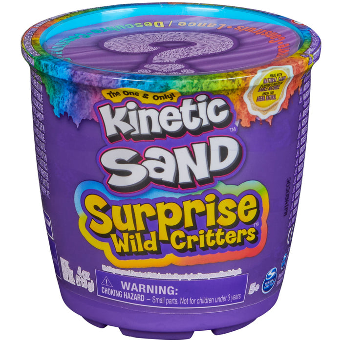 Purple tub of Kinetic Sand Surprise Wild Critters with rainbow graphics and a mystery question mark on the lid.
