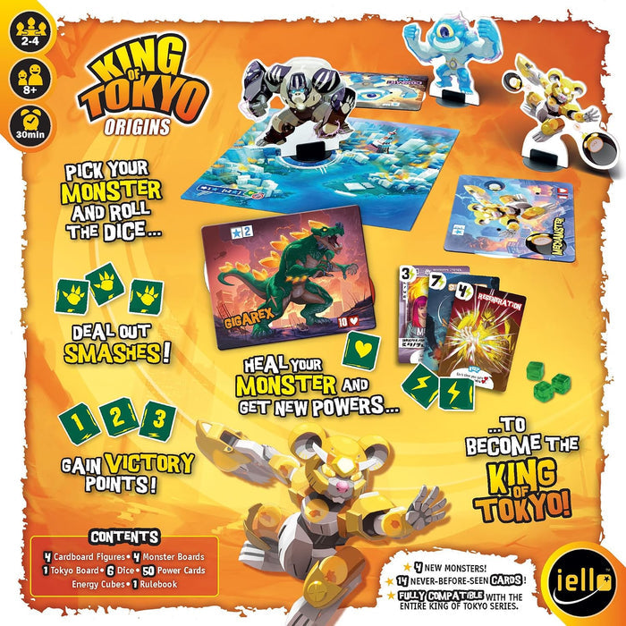 Vibrant orange board game graphic showing monster standees, cards, and dice with colorful, action-packed illustrations.