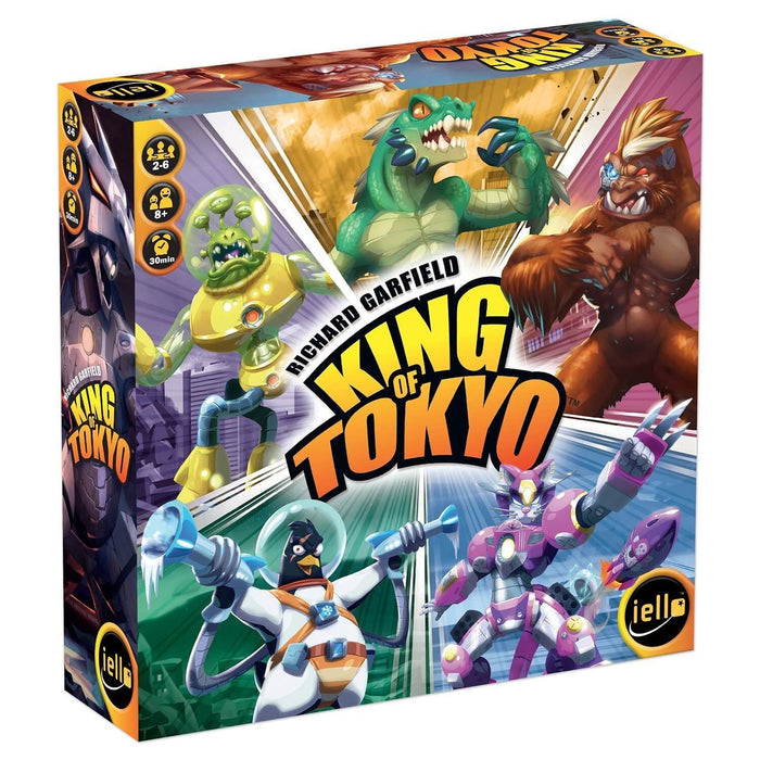 Colorful board game box featuring five giant monsters, like a green lizard and brown ape, surrounding the game title.
