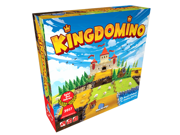 Angled board game box with bright cartoon art of a hilltop castle, sheep in green fields, and a sunny blue sky.