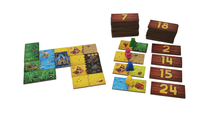 Terrain tiles with forests and a castle, colorful wooden king meeples, and numbered tiles on a white background.