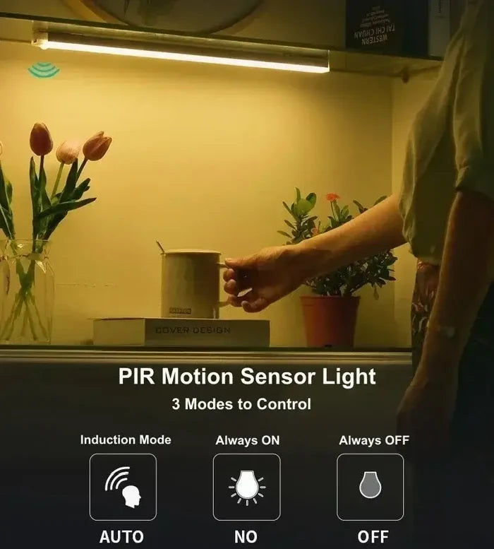 Kitchen Rechargeable Lamp LED Light With Motion Sensor illuminating kitchen counter with hand reaching for mug.