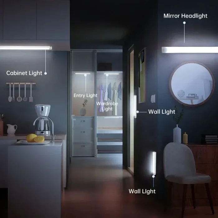 Kitchen Rechargeable Lamp LED Light With Motion Sensor illuminating various areas including cabinet and wall lights