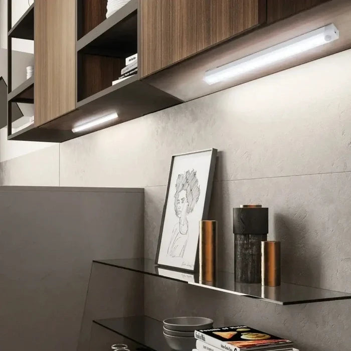 Modern kitchen with Kitchen Rechargeable Lamp LED Light With Motion Sensor installed under shelves for optimal lighting.