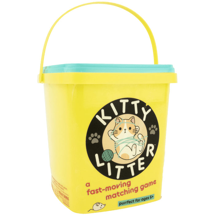 Bright yellow bucket with a teal lid and handle, featuring a cartoon cat tangled in yarn on a circular black label.