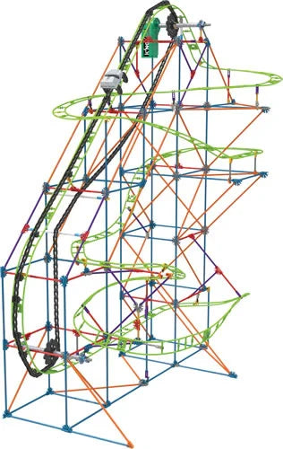 Tall toy roller coaster with a neon green track, colorful framework, and a car ascending a black chain lift.