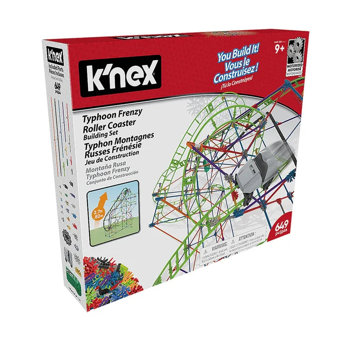 Red K'NEX box featuring a green roller coaster build with colorful supports, a silver car, and 649 pieces.