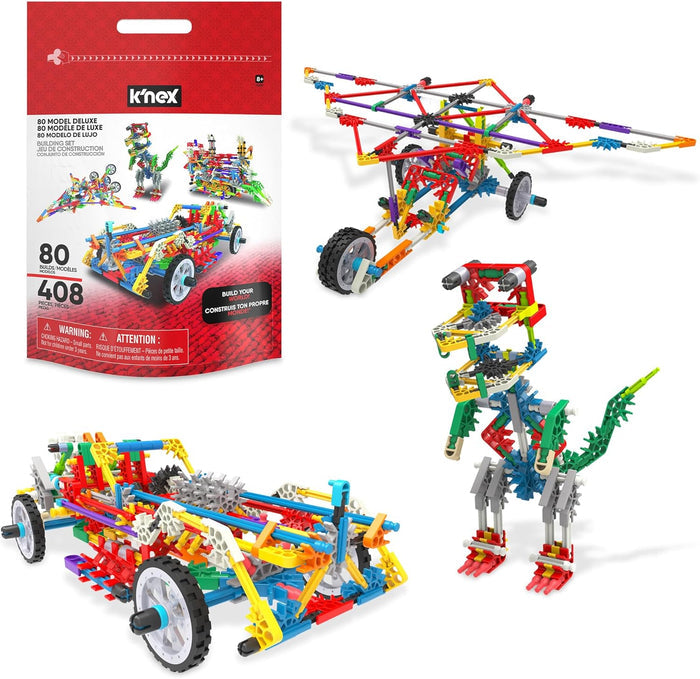 K'NEX building set in a red bag with colorful car, dinosaur, and plane models built from plastic rods and connectors.