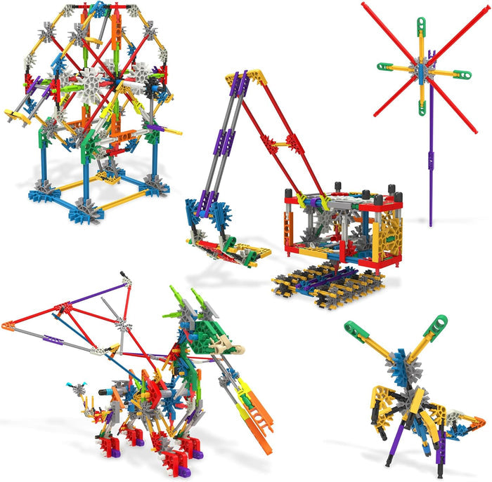 Five colorful toy models: a Ferris wheel, excavator, windmill, dragon, and insect made of plastic rods and connectors.