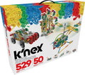 K'NEX building set box featuring a car, Ferris wheel, and helicopter made of colorful plastic rods. 529 pieces, 50 builds.