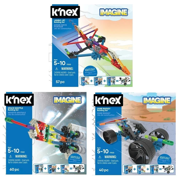 Three blue K'NEX Imagine sets showing a colorful jumbo jet, space shuttle, and dune buggy built from plastic rods.