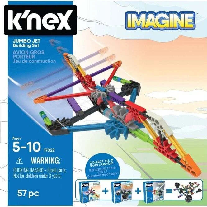 K'NEX Jumbo Jet building set box showing a colorful toy airplane made of 57 interlocking red, yellow, and blue pieces.
