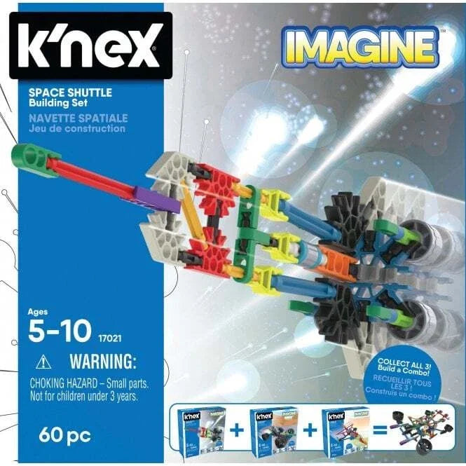 K'NEX Imagine Space Shuttle set box showing a colorful model made of rods and connectors on a blue space background.