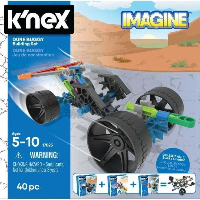 K'NEX Imagine Dune Buggy Building Set box art showing a colorful 40-piece toy vehicle in a desert scene, ages 5-10.