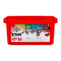 Red plastic storage tub with a front label showing colorful K'NEX vehicle builds, 417 pieces, and 50 models.