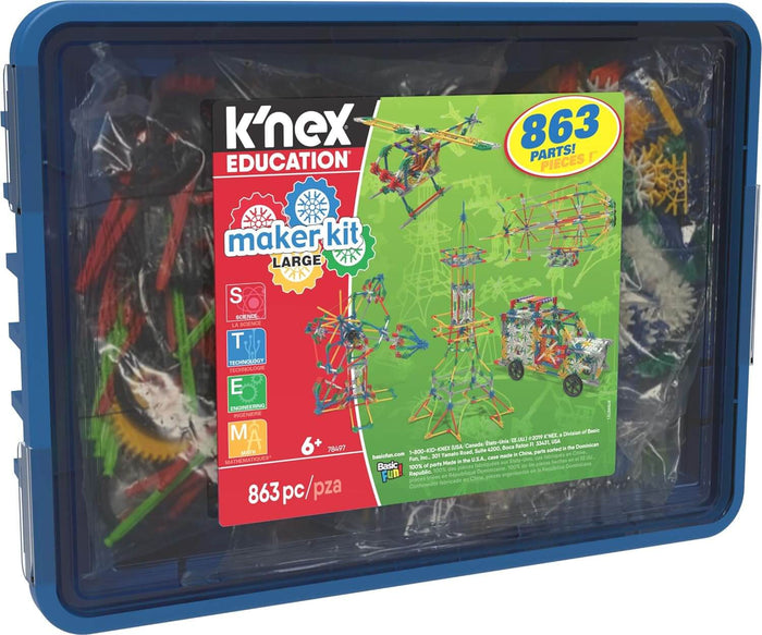 Blue plastic bin filled with colorful K’NEX parts. Clear lid label shows 863 pieces and photos of built models.