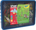 Blue plastic bin filled with colorful K’NEX parts. Clear lid label shows 863 pieces and photos of built models.