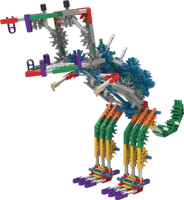Multicolored toy dinosaur standing with an open jaw, built from various K'NEX rods and connectors.