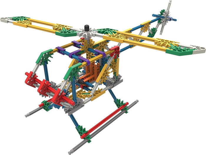 Multicolored helicopter model built with plastic rods and connectors, featuring large rotors and landing skids.