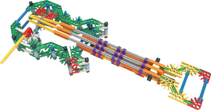 Colorful K'NEX crossbow model made from green, red, blue, and yellow plastic rods and connectors.