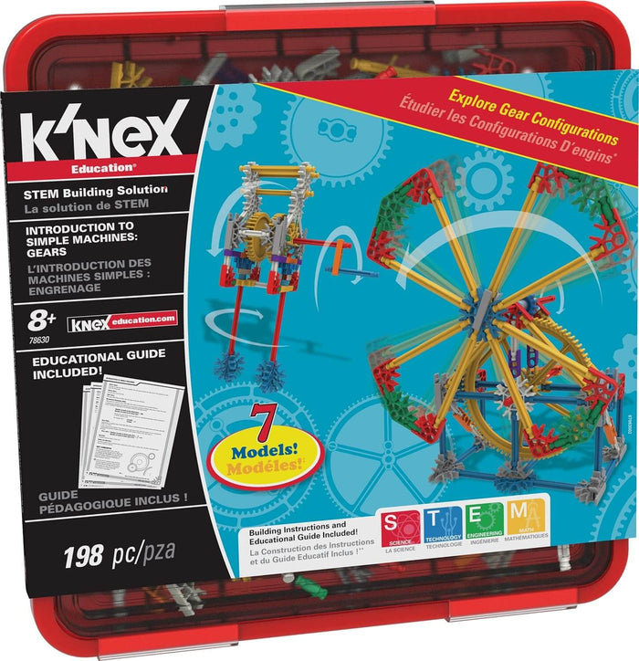 Red K'NEX Education storage bin featuring a colorful gear-driven Ferris wheel model and STEM learning graphics.