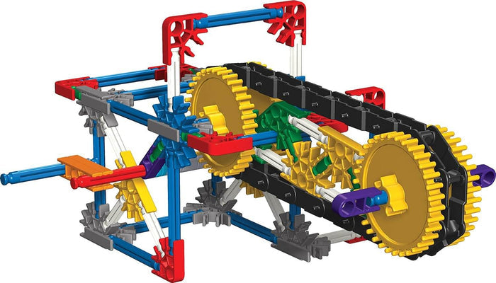 Colorful plastic model featuring two yellow gears, a black chain, and a framework of blue rods and red connectors.