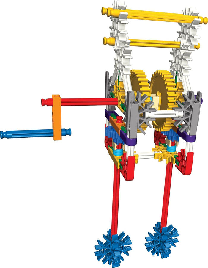 Colorful gear mechanism featuring a blue hand crank, large yellow gears, and long red legs with blue star-shaped feet.