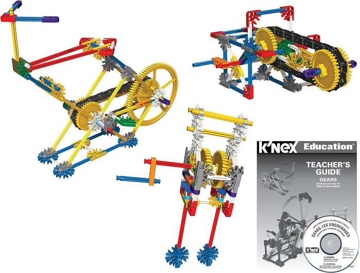Three colorful K'NEX gear models of machines and vehicles, shown with a teacher's guide and instructional CD.
