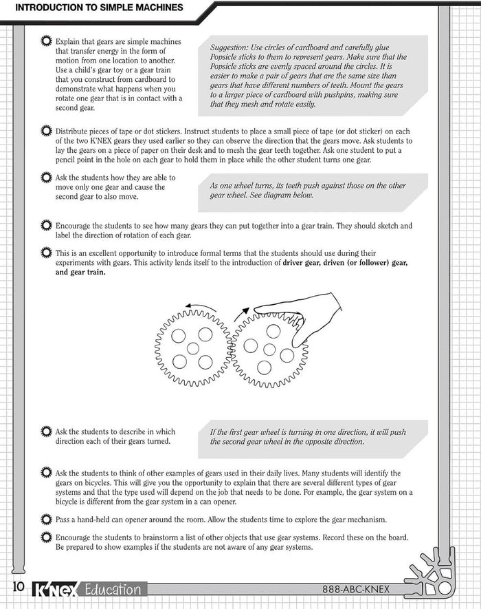 Educational worksheet titled Introduction to Simple Machines with diagrams of meshed gears and instructional text.