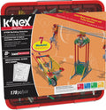 Red storage bin for a K'NEX STEM kit, label shows built models of a wheelbarrow, lever, and pulley for ages 8+.