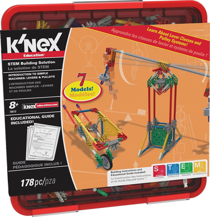 Red storage bin for a K'NEX STEM kit, label shows built models of a wheelbarrow, lever, and pulley for ages 8+.