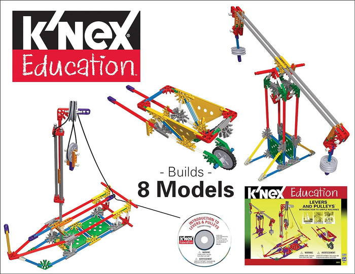 Vibrant K'NEX models of a pulley, wheelbarrow, and lever shown with a teacher's guide CD and product box packaging.