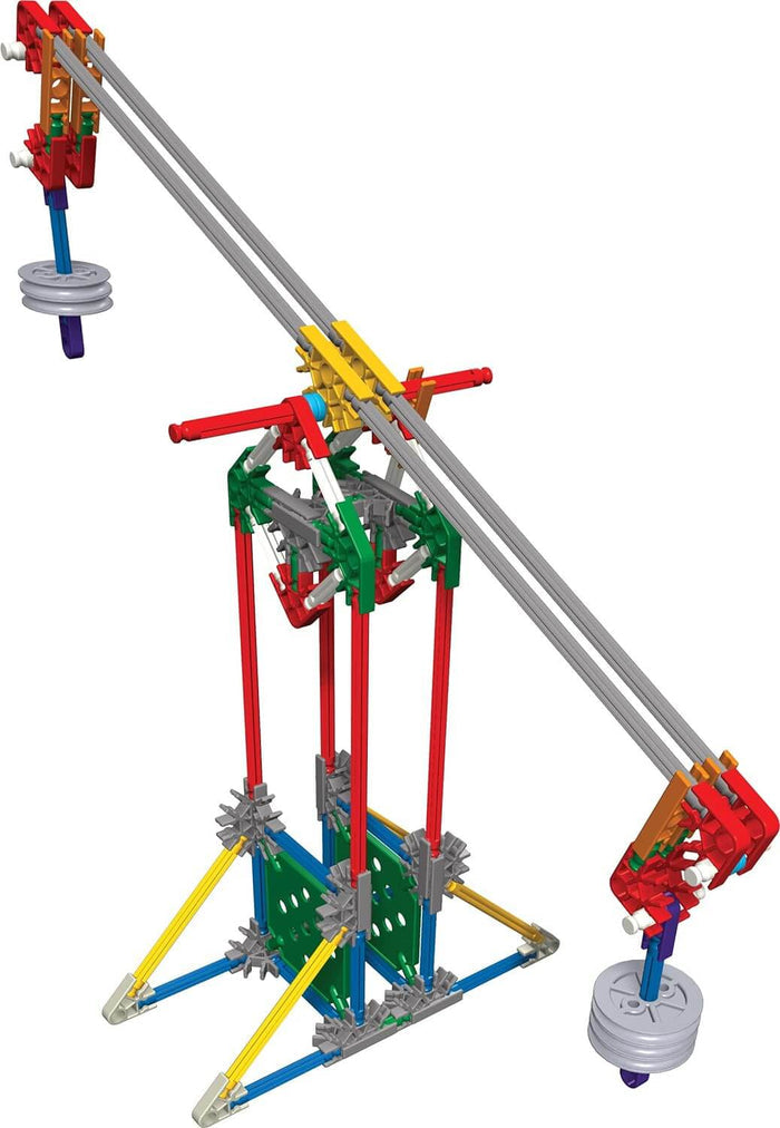 Colorful K'NEX lever model with long grey rods, circular weights, and a tall red and green vertical support structure.