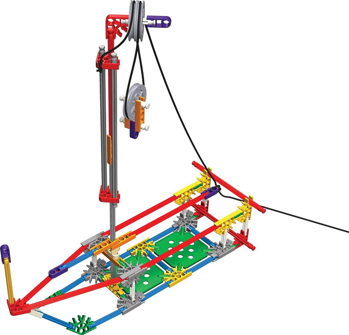 Model of a pulley system with red and yellow rods, green base plates, silver pulleys, and black string.