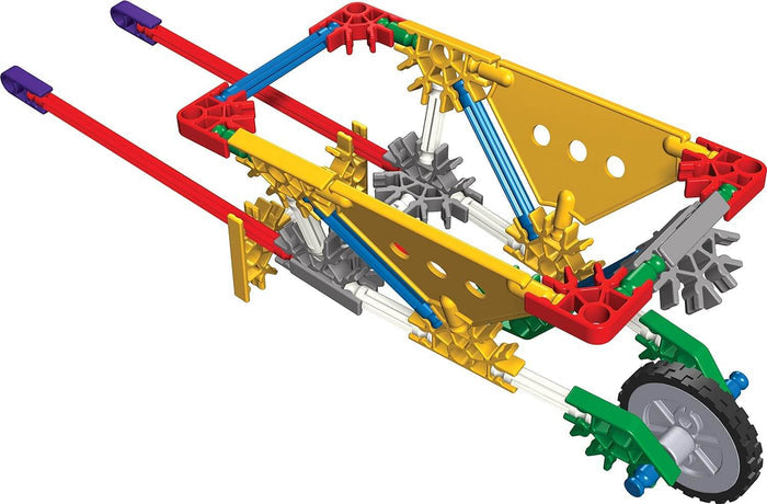Toy wheelbarrow model made of colorful plastic rods and connectors with red handles, a yellow tray, and a front wheel.