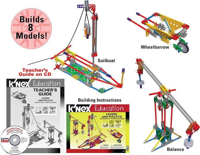 K'NEX Education set showing colorful sailboat, wheelbarrow, and balance models, plus instructional guides and a teacher CD.