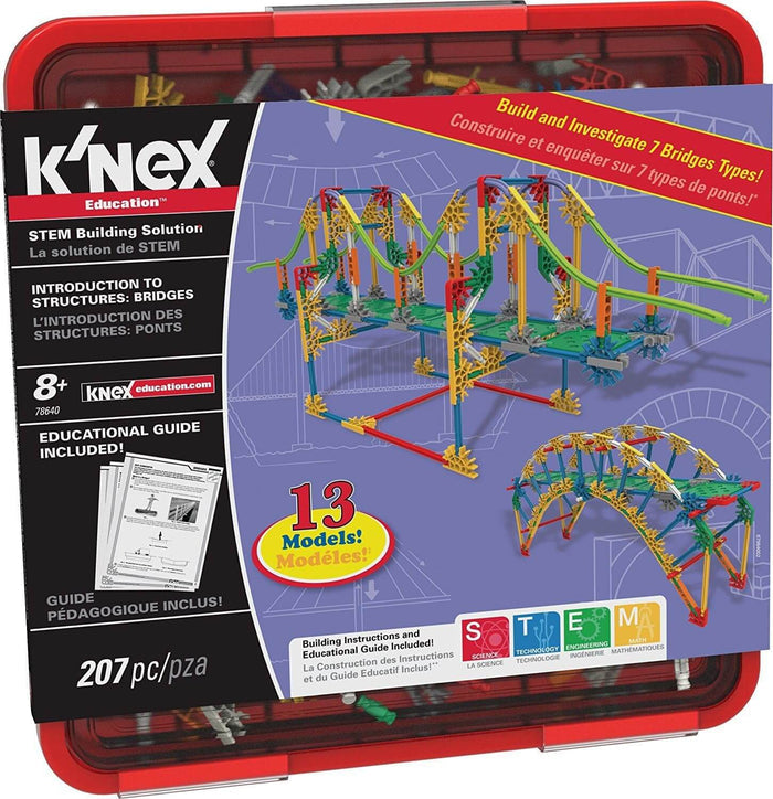 Red K'NEX bin showing colorful bridge models, 207 pieces, STEM logos, and instructions for builders aged 8+.