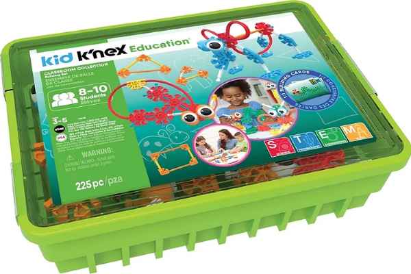 Bright green plastic storage bin filled with colorful building pieces, featuring a Kid K'NEX Education label on top.