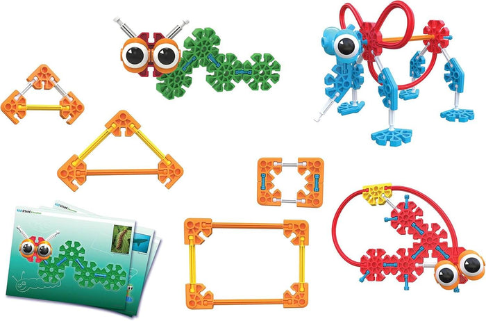 Vibrant Kid K'NEX building toys shown as a caterpillar, bird, and geometric shapes with instruction manuals.
