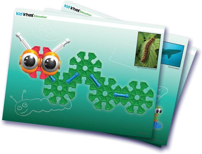 Colorful instruction cards showing a toy caterpillar built with green gear pieces, red connectors, and large orange eyes.
