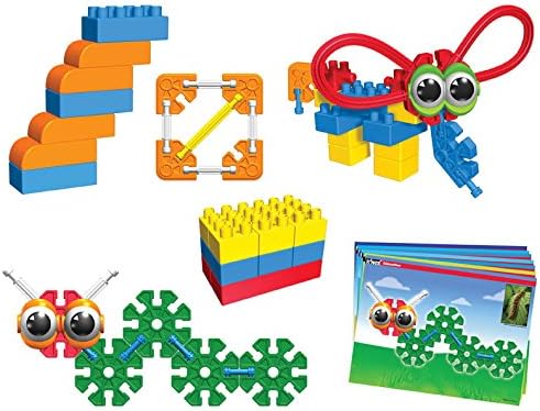 Assorted colorful building blocks, gears, and googly eye pieces forming toy insects and structures with instruction cards.